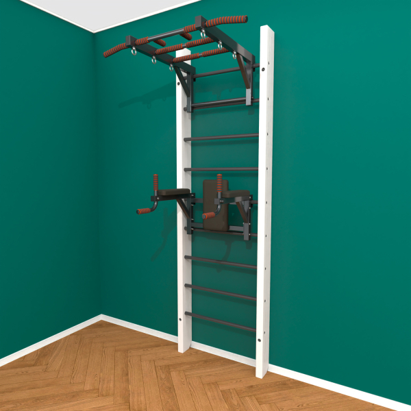 Брашированная шведская стенка "Кастерли" Белый ТБ (Черные ступени)