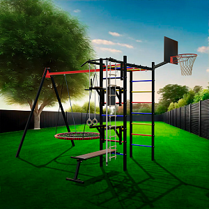Уличный спортивно-игровой комплекс Sv Sport У3083.1КВ1 (Турник/Брусья/Стойка/Скамья/Гнездо 100см/Подвесы на втулке/Щит баскет/Канат/Кольца/Лестница)